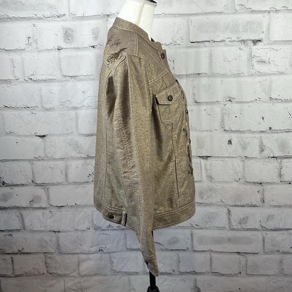 Chicoโs Gold Metallic Lined Button Down Embroidered Jacket - Picture 4 of 11